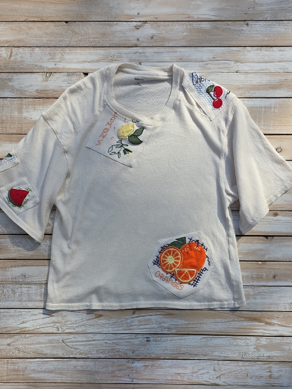 Maeve Anthropologie Short-Sleeve Fruit-Embroidered Top XS